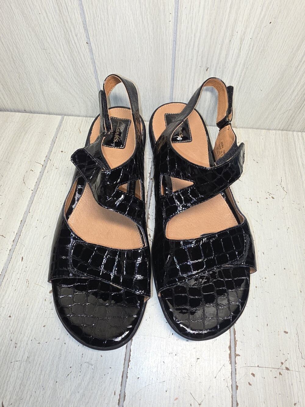 Clarks Artisan Sandals Sz 12 XW Black Patent Leather Open Toe Comfort Shoes New